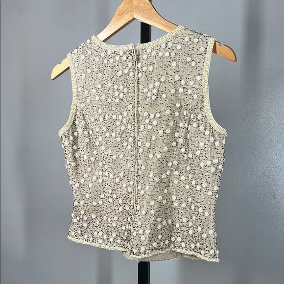 Papell Boutique Cream and Gold Embellished Crop Tank Top - Picture 3 of 8